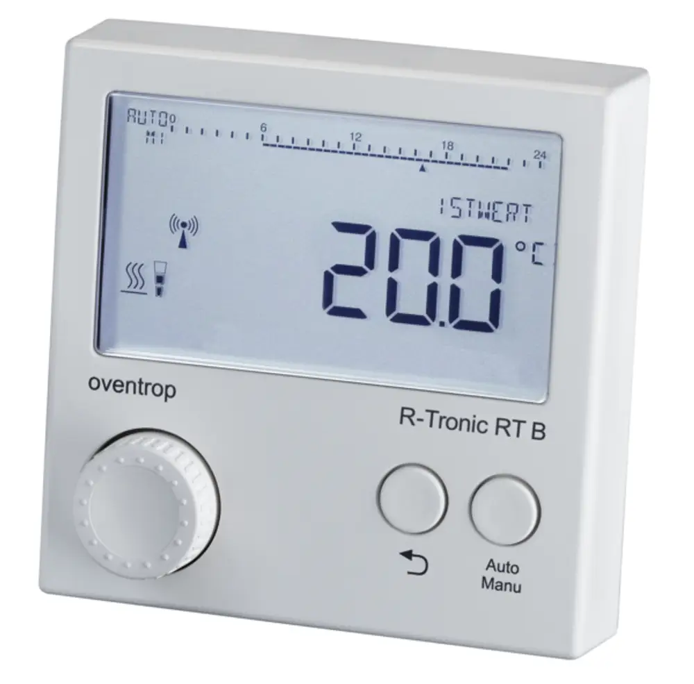 Oventrop Thermostat mit digitalem Display zur Temperaturregelung, batteriebetrieben, mit Bedienelementen für manuelle und automatische Einstellungen.